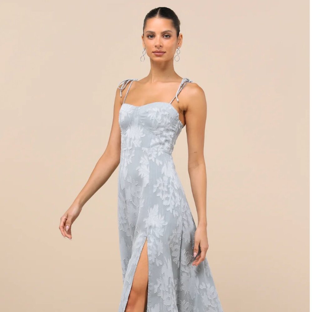 LIKE NEW- Lulu's Loveliest Looks Dusty Blue Floral Jacquard Tie-Strap Midi Dress